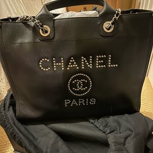 Large Chanel Deauville tote with embossed silver studs in calfskin leather